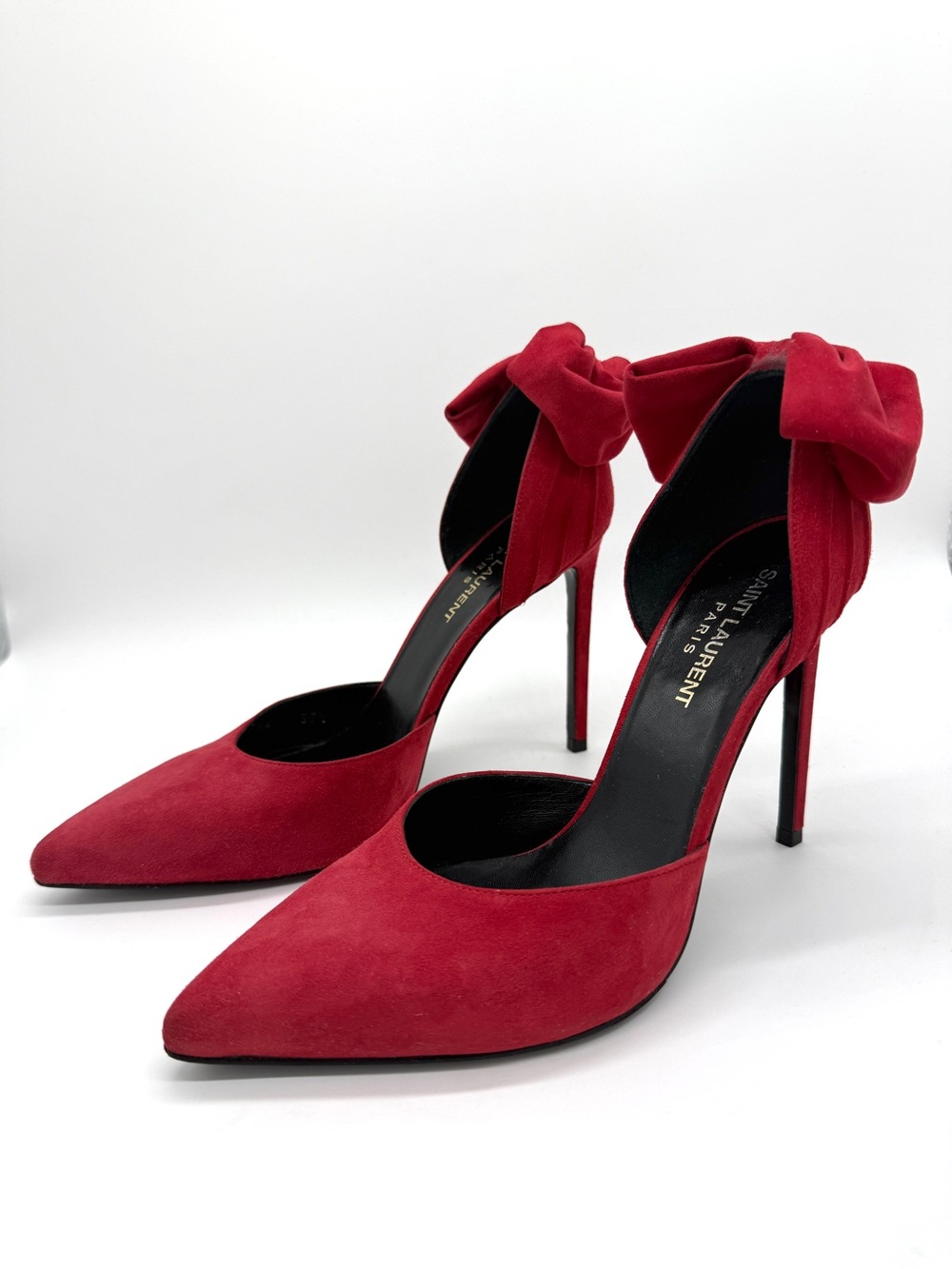 Saint Laurent Skinny 105 D'Orsay Bow Embellished Suede Pumps – Red – Size 37.5 - Picture 2 of 14